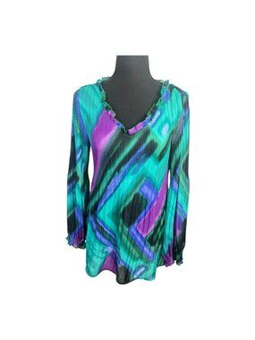 Vintage 90s Allison Taylor Blue Purple Blouse Sz M Pleated Balloon Long Sleeve